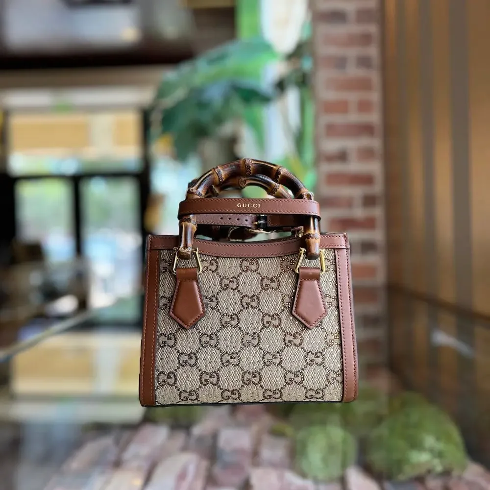 GUCCI Diane Small Brown GG Crystal Bamboo Top Handle